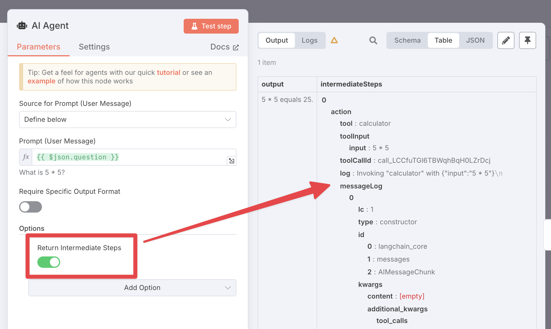 Enable return intermediate steps